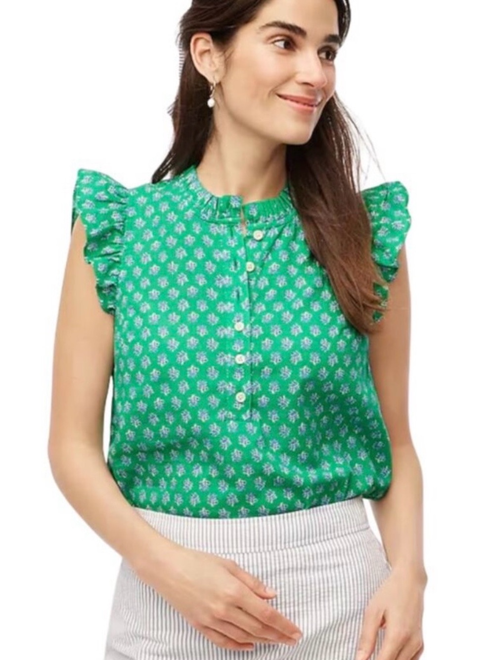 J. Crew Factory Green Floral Ruffle Cap-Sleeve Button Blouse large